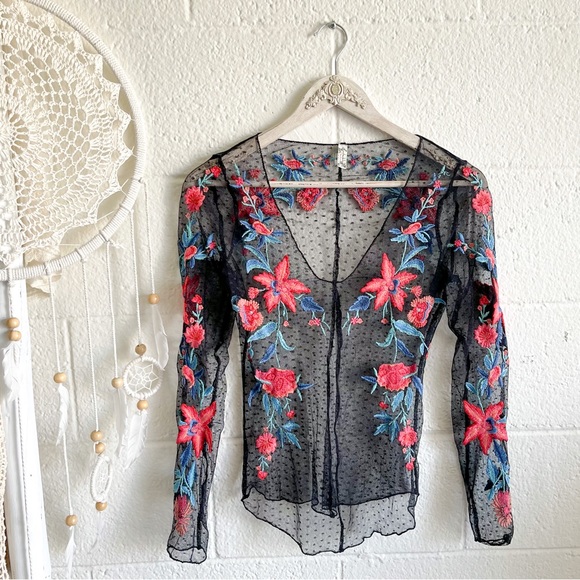 Free People Floral Embroidered Black Sheer Lace Top - Picture 2 of 8